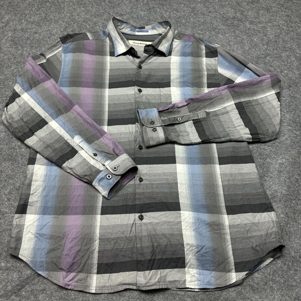 Tommy Bahama Shirt‎ Mens XL Preppy Coastal Resort Grey Purple Stripe Travel